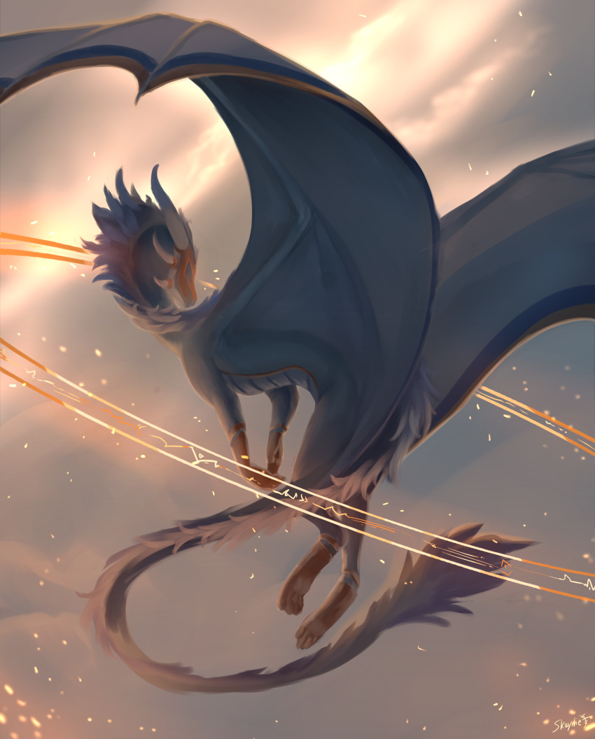 2019 absurd_res ambiguous_gender day detailed_background dragon fantasy feral flying hi_res horn membrane_(anatomy) membranous_wings outside paws scalie skaydie sky solo spines western_dragon wings