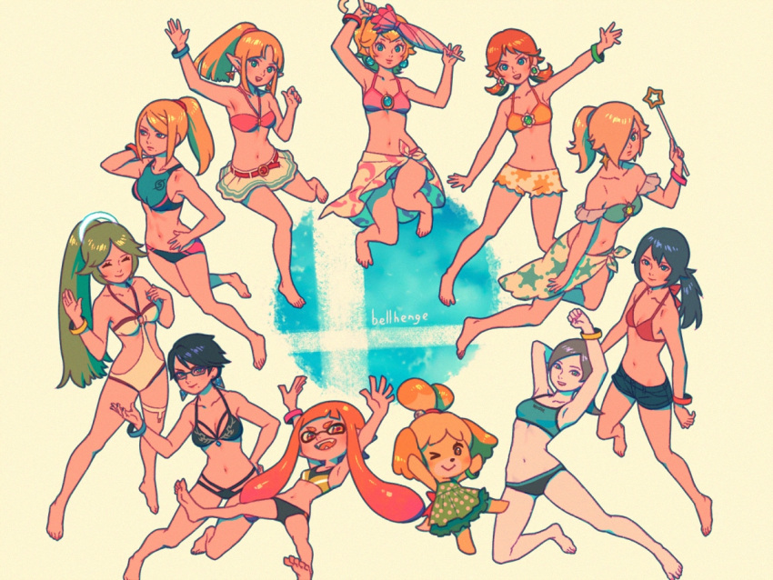 6+girls alternate_hairstyle animal_ears bayonetta bayonetta_(character) bayonetta_2 bellhenge bikini bikini_shorts bikini_skirt black_hair blonde_hair blue_hair bracelet brown_hair dog_ears dog_tail doubutsu_no_mori fire_emblem fire_emblem_awakening glasses green_hair inkling jewelry kid_icarus kid_icarus_uprising looking_at_viewer lucina mario_(series) metroid multiple_girls navel open_mouth orange_hair pale_skin palutena ponytail princess_daisy princess_peach princess_zelda rosalina samus_aran sarong shizue_(doubutsu_no_mori) short_shorts shorts smash_ball smile splatoon_(series) sports_bikini spread_legs stomach super_mario_bros. super_mario_galaxy super_smash_bros. swimsuit tail tentacle_hair the_legend_of_zelda umbrella wand wii_fit wii_fit_trainer