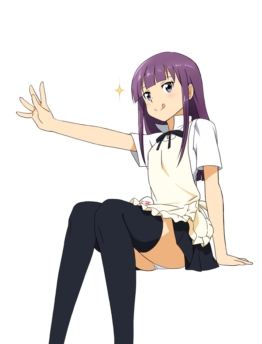 1girl :q absurdres apron bangs black_legwear black_skirt blue_eyes blunt_bangs collar_up commentary_request feet_out_of_frame highres kita_(pixiv61555) long_hair looking_at_viewer neck_ribbon outstretched_hand panties pantyshot pantyshot_(sitting) pleated_skirt purple_hair ribbon shirt short_sleeves sidelocks simple_background sitting skirt solo sparkle thighhighs tongue tongue_out underwear very_long_hair white_background white_panties white_shirt working!! yamada_aoi