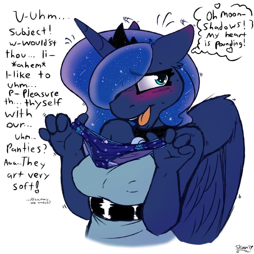 &lt;3 1:1 2019 anthro anthrofied bashful blue_eyes blue_hair blush clothing crown dialogue english_text equid female friendship_is_magic hair hi_res horn mammal my_little_pony nipple_outline panties princess_luna_(mlp) shy skoon solo sparkles text tiara underwear winged_unicorn wings