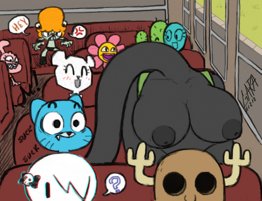 anais_watterson anthro big_breasts breasts bus carrie_krueger cartoon_network dinosaur domestic_cat felid feline felis fellatio female garabatoz group gumball_watterson hi_res jamie_(tawog) lagomorph leporid long_neck male male/female mammal molly_collins nipples oral penile penny_fitzgerald rabbit reptile sauropod scalie school_bus sex shocked surprise teri_(tawog) the_amazing_world_of_gumball vehicle