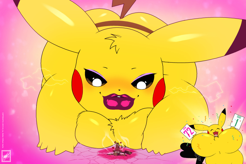 &lt;3 2019 abstract_background absurd_res angela_(walter_sache) big_breasts blush breast_squish breasts cleft_tail electricity english_text erection eyeshadow female fur group hi_res huge_breasts huge_lips hyper hyper_breasts lipstick lying macro makeup mammal mimikyu nintendo on_front penis pikachu pok&eacute;mon pok&eacute;mon_(species) rodent signature size_difference smile squish text video_games walter_sache watermark yellow_fur