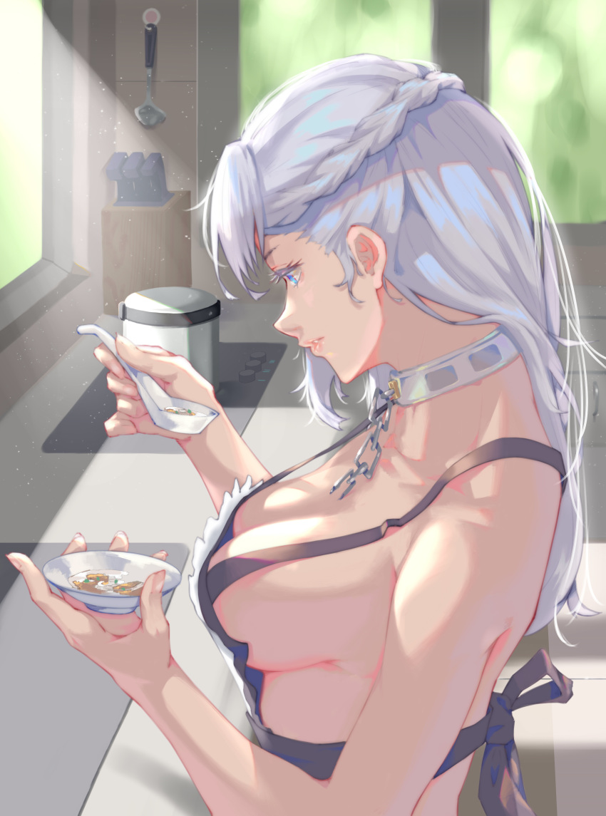 1girl absurdres apron azur_lane bangs belfast_(azur_lane) blue_eyes blush braid breasts chain cleavage collar collarbone cooking cup day eyebrows_visible_through_hair french_braid from_side highres holding holding_cup holding_ladle indoors kamkac kitchen knife_block large_breasts light_particles long_hair naked_apron parted_lips silver_hair smile solo soup_ladle window