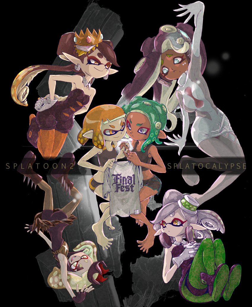 6+girls absurdres aori_(splatoon) bare_shoulders barefoot bike_shorts black_background breasts cleavage crown facial_tattoo gloves green_hair hideyoshi_(swliyhbpe9xqqze) highres hime_(splatoon) holding_hands hotaru_(splatoon) iida_(splatoon) inkling looking_at_another mole mole_under_eye mole_under_mouth multicolored_hair multiple_girls octoling orange_eyes pointy_ears shirt silver_hair splatoon_(series) splatoon_2 splatoon_2:_octo_expansion sports_bra t-shirt tattoo tentacle_hair toes two-tone_hair upside-down white_gloves