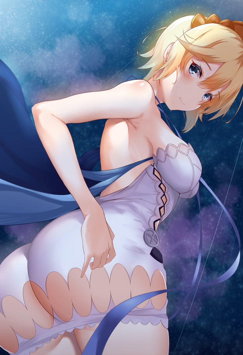 1girl absurdres ass bangs bare_arms bare_shoulders blonde_hair blue_eyes blue_hair blush breasts closed_mouth commentary_request dress dutch_angle europa_(granblue_fantasy) eyebrows_visible_through_hair gradient gradient_hair granblue_fantasy hair_ornament highres jewelry lips looking_at_viewer medium_breasts multicolored_hair night night_sky shiny shiny_hair shiny_skin short_dress short_hair simple_background sky smile solo star_(sky) starry_sky strapless strapless_dress tiara vitoputr