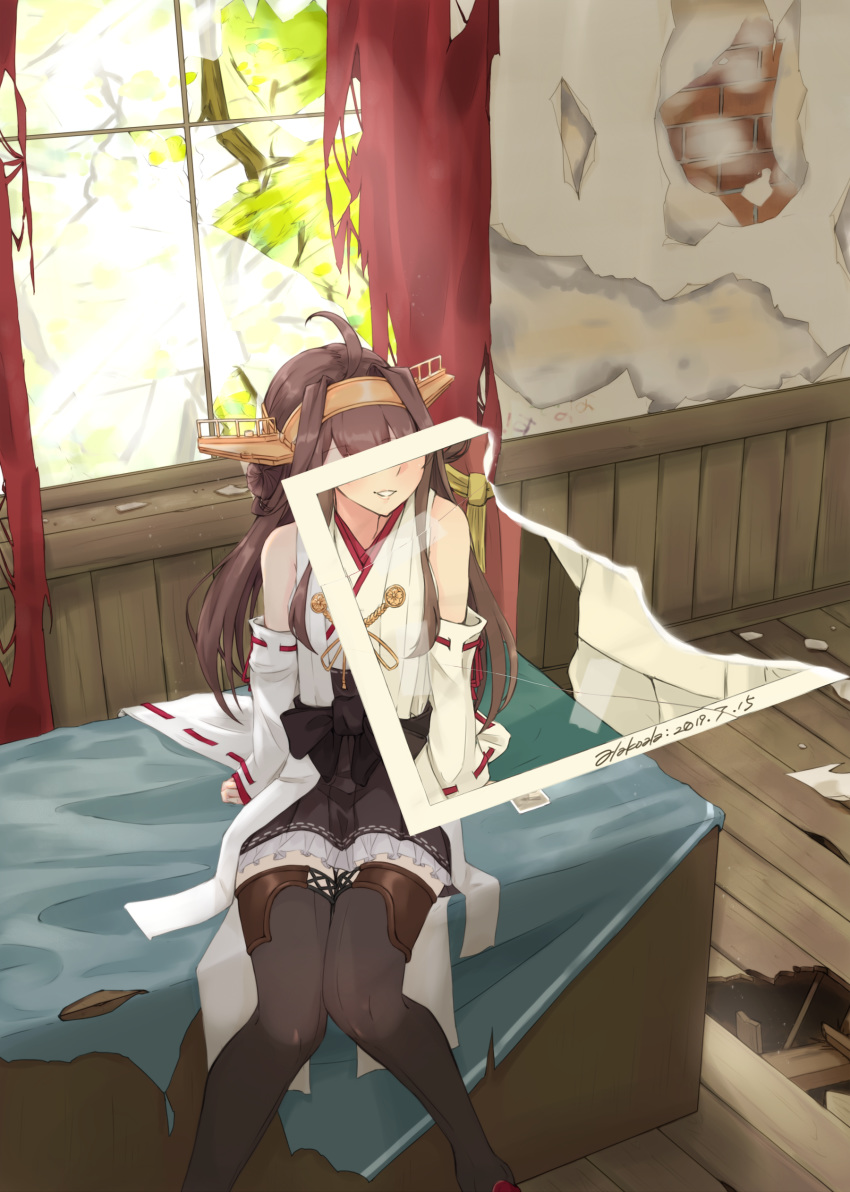 1boy 1girl 2019 absurdres admiral_(kantai_collection) ahoge alakoala_shoushou bangs bare_shoulders black_legwear black_sash black_skirt breasts brick_wall broken_glass brown_hair crack cracked_floor cracked_wall curtains dated desk detached_sleeves double_bun eyebrows_visible_through_hair frilled_skirt frills glass glass_shards graffiti hair_between_eyes hair_ornament hair_over_one_eye hairband headgear highres indoors japanese_clothes jewelry kantai_collection kongou_(kantai_collection) long_sleeves looking_at_viewer military military_uniform naval_uniform nontraditional_miko obi parted_lips photo_(object) pleated_skirt purple_eyes red_ribbon remodel_(kantai_collection) ribbon ribbon-trimmed_sleeves ribbon_trim ring ruins sash sitting skirt smile solo thighhighs torn_clothes tree uniform wall wedding_band white_ribbon wide_sleeves window wooden_floor wooden_wall