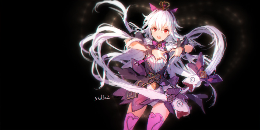 1girl dress dress_shirt elbow_gloves gloves granblue_fantasy hair_ornament highres lavender_hair long_hair looking_at_viewer medusa_(shingeki_no_bahamut) open_mouth pointy_ears red_eyes shadowverse shingeki_no_bahamut shirt solo swd3e2 very_long_hair white_hair