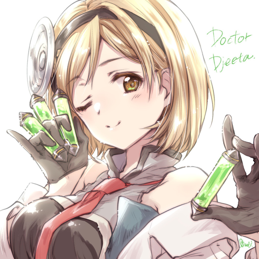 1girl ;) artist_name bangs between_fingers black_dress black_gloves black_headband blonde_hair brown_eyes character_name closed_mouth commentary djeeta_(granblue_fantasy) djeeta_(granblue_fantasy)_(doctor) dress gloves granblue_fantasy hairband head_tilt headband high_collar highres holding kuroi_mimei labcoat light_blush long_sleeves looking_at_viewer necktie one_eye_closed pinky_out red_neckwear short_hair simple_background sleeveless sleeveless_dress smile solo swept_bangs upper_body vial white_background white_coat
