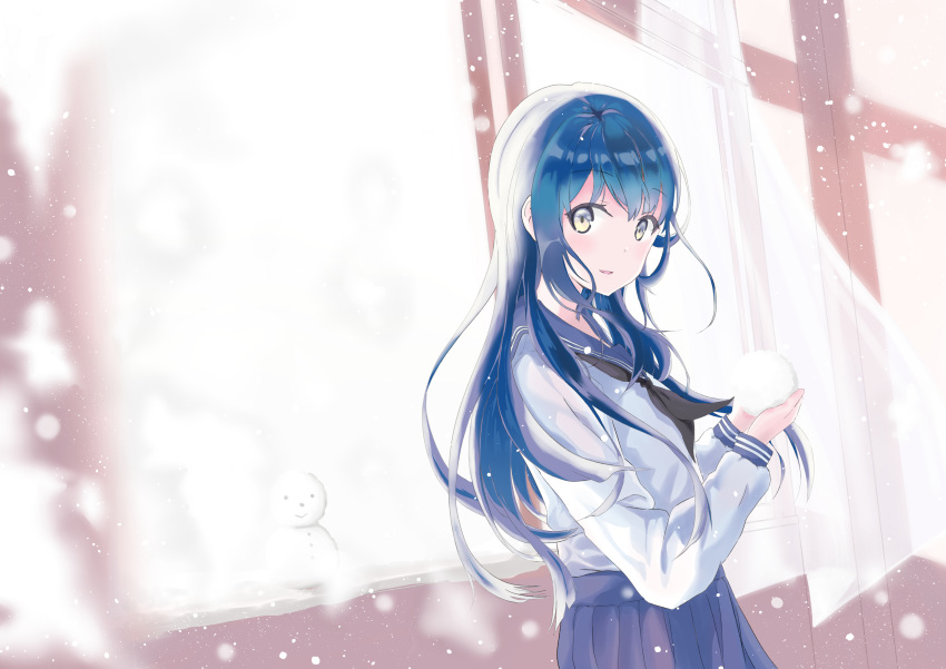 1girl absurdres blue_hair blue_skirt character_request commentary_request copyright_request eyebrows_visible_through_hair green_eyes hair_between_eyes highres holding long_hair long_sleeves looking_at_viewer okaki_wtvc3785 pleated_skirt school_uniform shirt skirt smile snow snowman solo white_shirt window