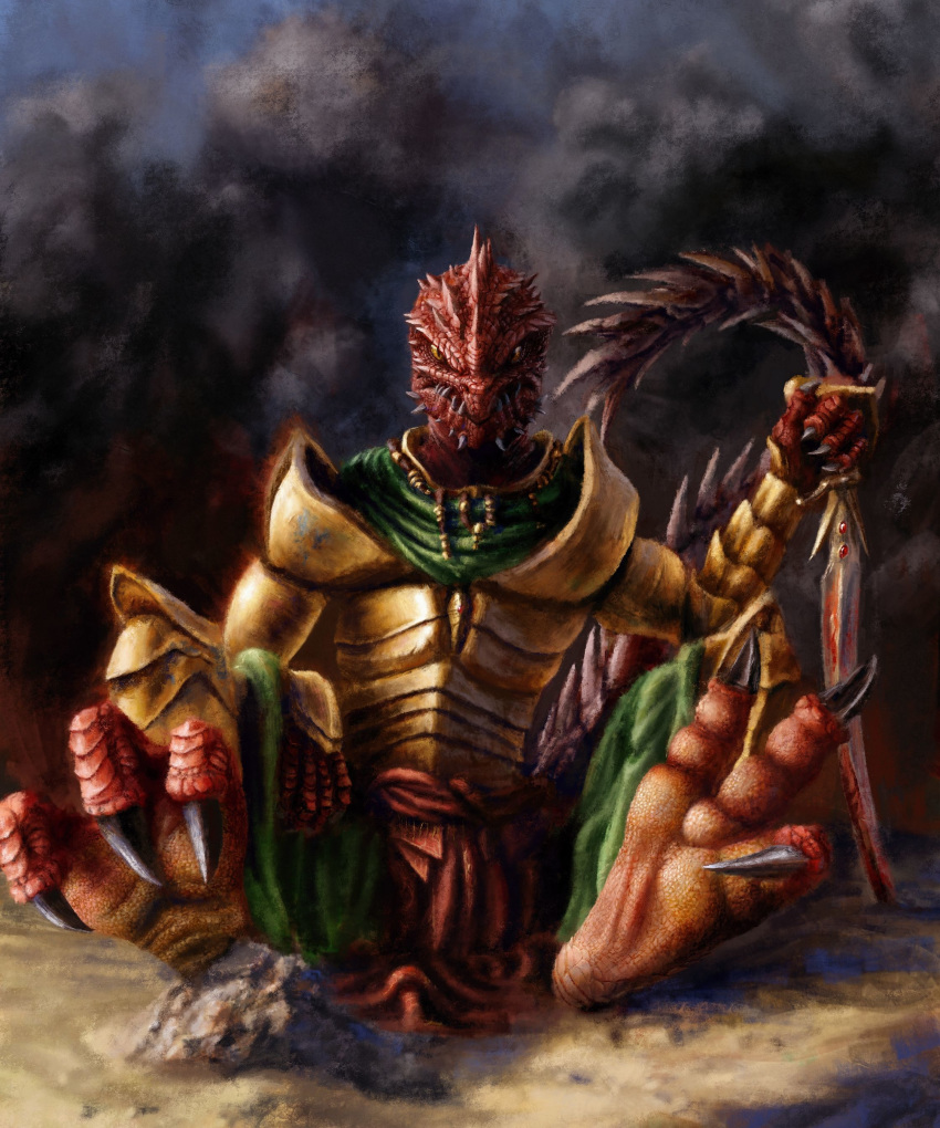 3_toes absurd_res ambiguous_gender anthro armor blood bodily_fluids c-forge_(artist) claws desert divinity:_original_sin_2 divinity_(copyright) feet foot_focus hi_res hindpaw lizard lizard_(divinity) melee_weapon paws reptile scalie solo sword teeth the_red_prince toes video_games weapon yellow_eyes