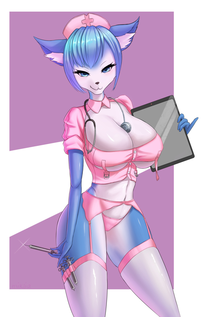 anthro big_breasts breasts canid canine clothed clothing female fox fur hair headgear headwear hi_res ipad krystal legwear looking_at_viewer mammal miklia navel nintendo nurse nurse_uniform smile solo star_fox stethoscope syringe tablet uniform video_games