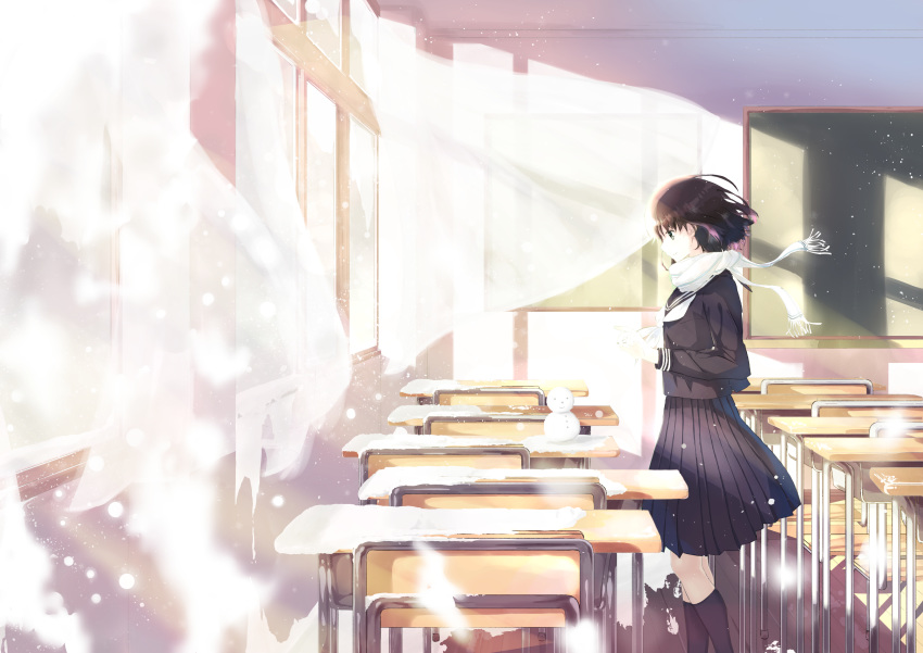 1girl absurdres black_hair black_legwear black_shirt black_skirt chair curtains from_side highres indoors kneehighs long_sleeves okaki_wtvc3785 original pleated_skirt scarf school_uniform shirt short_hair skirt snow snowman solo standing table uniform white_scarf window