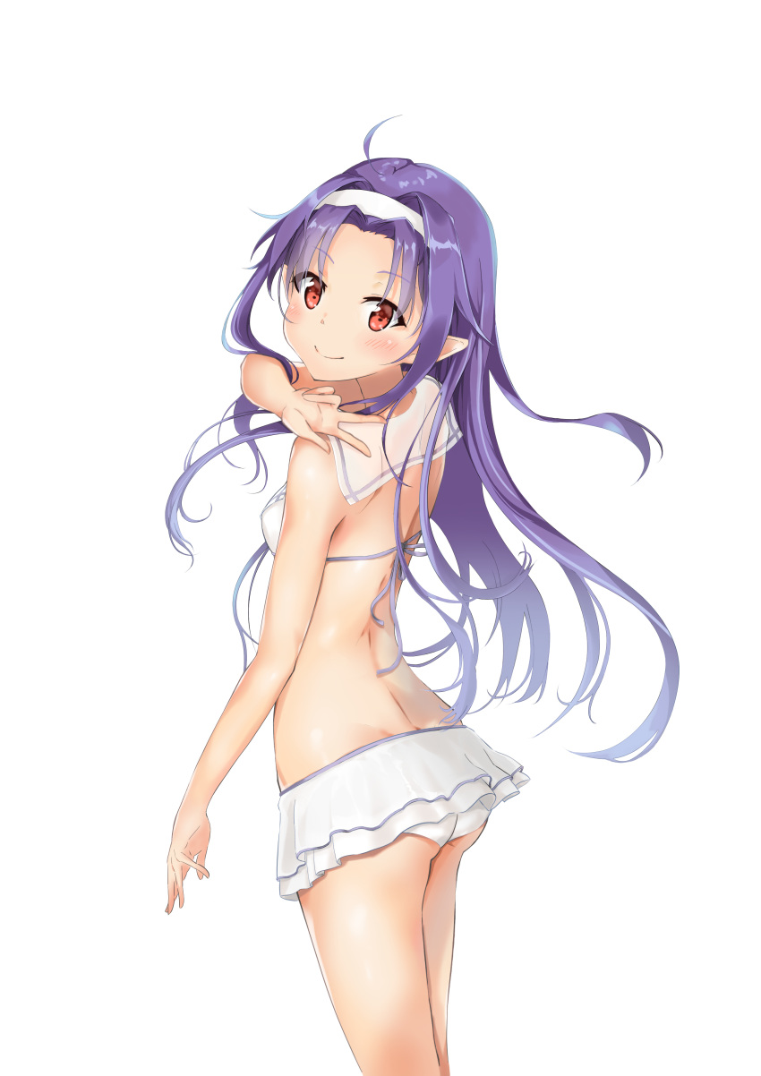 1girl absurdres ahoge ass bangs bare_back bare_shoulders bikini_skirt blush commentary_request eyebrows_visible_through_hair from_behind hairband highres long_hair looking_at_viewer okaki_wtvc3785 pointy_ears purple_hair red_eyes simple_background smile solo swimsuit sword_art_online w white_background yuuki_(sao)