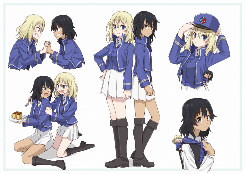 2girls absurdres andou_(girls_und_panzer) angry bangs bc_freedom_(emblem) bc_freedom_military_uniform bc_freedom_school_uniform black_hair blonde_hair blue_eyes blue_headwear blue_jacket blue_sweater blue_vest blush boots brown_eyes cake chibi clinging dark_skin emblem food fork girls_und_panzer hand_on_another's_arm hand_on_headwear hand_on_hip hat high_collar highres holding_hands huge_filesize jacket long_sleeves looking_at_another looking_at_viewer medium_hair messy_hair multiple_girls open_mouth oshida_(girls_und_panzer) pleated_skirt reisaki_(tokisaki24) school_uniform shako_cap simple_background sitting skirt smile standing sweater sweater_around_neck teeth thighs vest white_background white_skirt