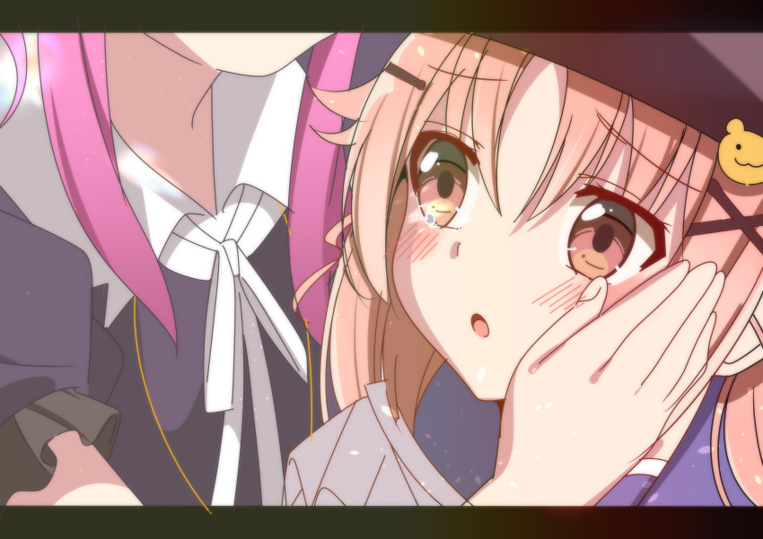 2girls absurdres bangs blush crying crying_with_eyes_open gakkou_gurashi! hair_between_eyes hair_ornament hairclip hands_on_another's_face hat highres long_hair multiple_girls open_mouth pink_eyes pink_hair sakura_megumi short_hair short_sleeves sinakyo takeya_yuki tears