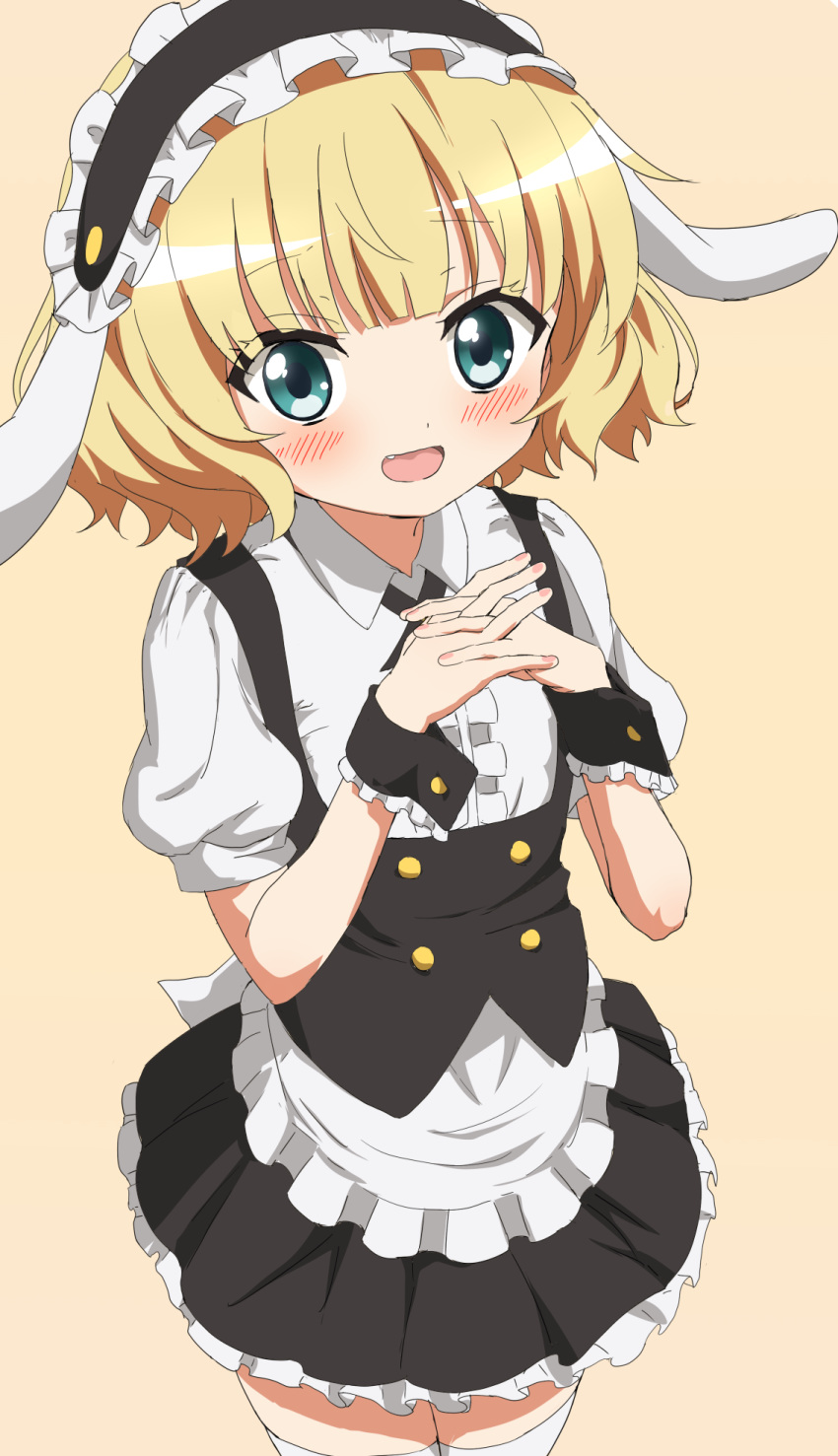 1girl :d animal_ears apron bangs black_hairband black_skirt blonde_hair blush brown_background bunny_ears center_frills collared_shirt commentary_request eyebrows_visible_through_hair fake_animal_ears fang fingernails fleur_de_lapin_uniform frilled_apron frilled_hairband frilled_skirt frills gochuumon_wa_usagi_desu_ka? greyscale hairband hands_together hands_up highres interlocked_fingers kirima_sharo looking_at_viewer monochrome open_mouth own_hands_together pleated_skirt shirt simple_background skirt smile solo thighhighs trg-_(sain) uniform waist_apron waitress white_apron white_legwear white_shirt wrist_cuffs