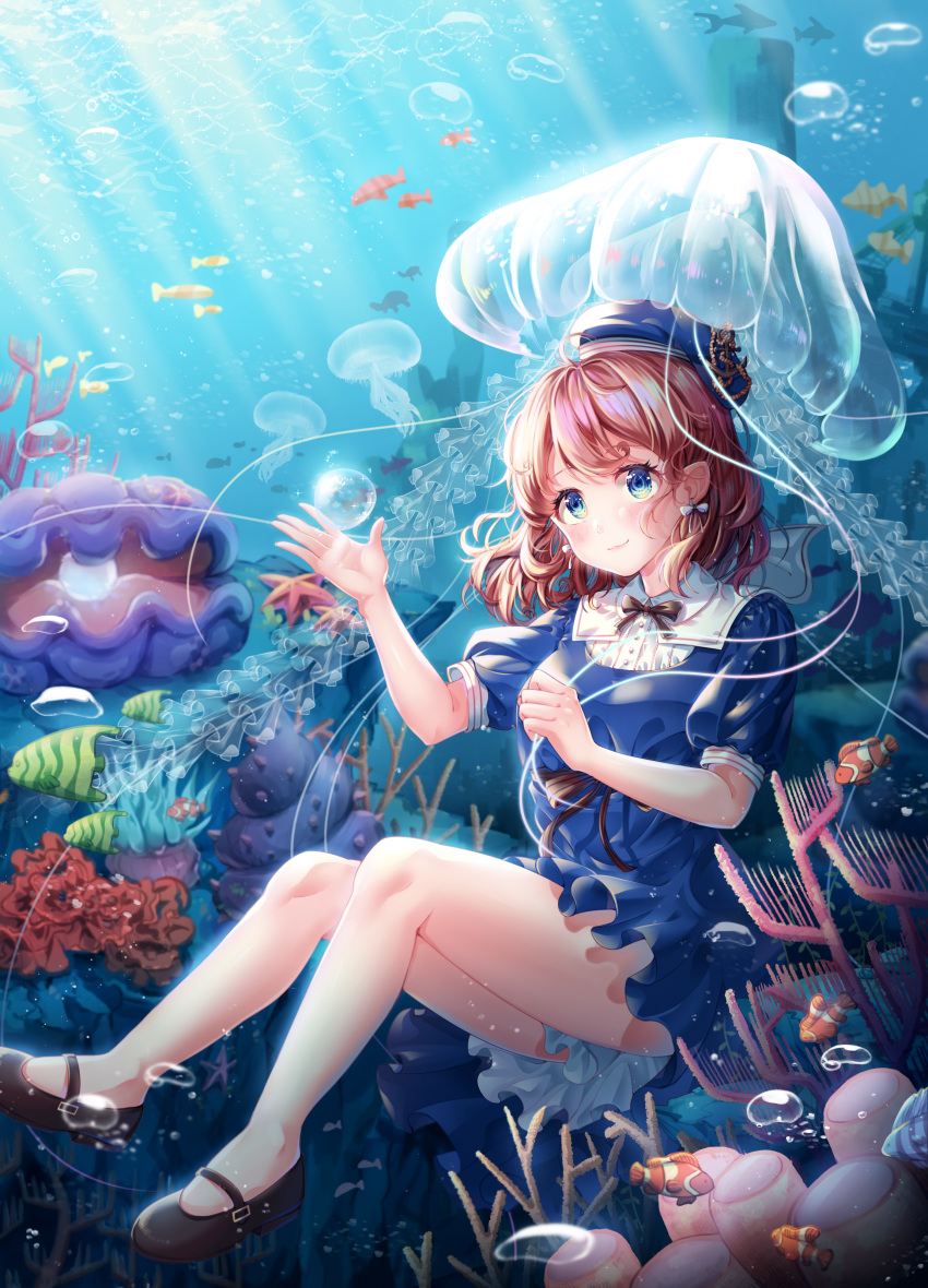 1girl absurdres air_bubble black_bow black_footwear blue_eyes blue_headwear bow brown_hair bubble clam clownfish coral day earrings fish full_body hat highres jellyfish jewelry looking_at_viewer mocohi123 ocean outdoors pearl shinkai_shoujo_(vocaloid) short_hair short_sleeves sitting smile solo summer sunlight tropical_fish underwater