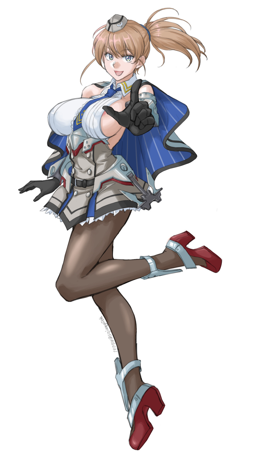 1girl absurdres alternate_costume anchor areola_slip areolae black_gloves black_legwear blue_capelet blue_eyes blue_neckwear breasts brown_hair capelet colorado_(kantai_collection) colorado_(kantai_collection)_(cosplay) cosplay dress elbow_gloves full_body garrison_cap gloves grey_dress grey_headwear hat high_heels highres intrepid_(kantai_collection) kantai_collection large_breasts looking_at_viewer necktie pantyhose pleated_dress ponytail shirt short_hair sideboob simple_background sleeveless solo sozan standing standing_on_one_leg white_background white_shirt