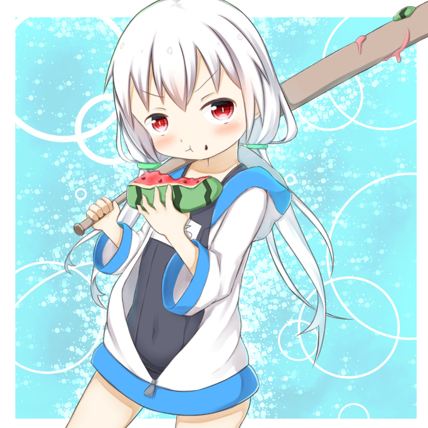 1girl :t bangs baseball_bat black_swimsuit blush closed_mouth commentary_request covered_navel eating eyebrows_visible_through_hair food food_on_face fruit hair_between_eyes highres holding holding_baseball_bat holding_food hood hood_down hooded_jacket jacket long_hair long_sleeves low_twintails old_school_swimsuit open_clothes open_jacket original red_eyes school_swimsuit silver_hair solo su_guryu swimsuit swimsuit_under_clothes twintails v-shaped_eyebrows very_long_hair watermelon white_jacket wide_sleeves