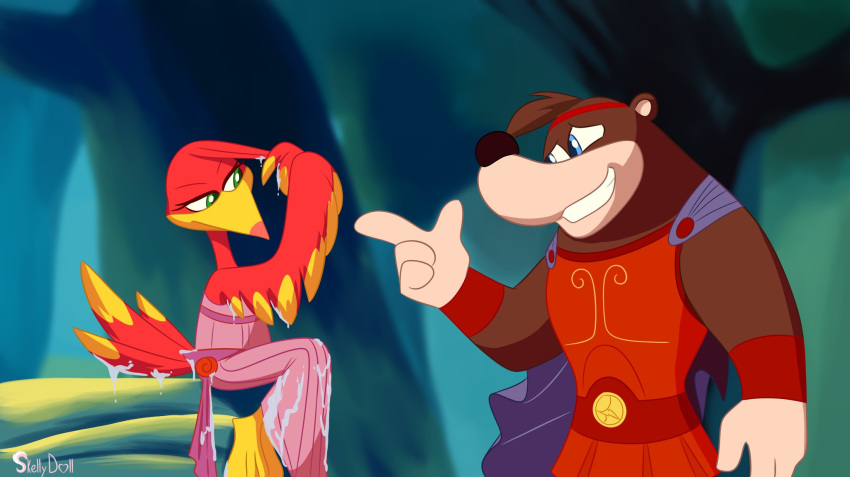 anthro avian banjo-kazooie banjo_(banjo-kazooie) blue_eyes breegull feathers female green_eyes hercules hercules_(disney) hi_res kazooie looking_at_another male mammal megara parody rareware red_feathers skeletonguys-and-ragdolls smile ursid video_games water winged_arms wings