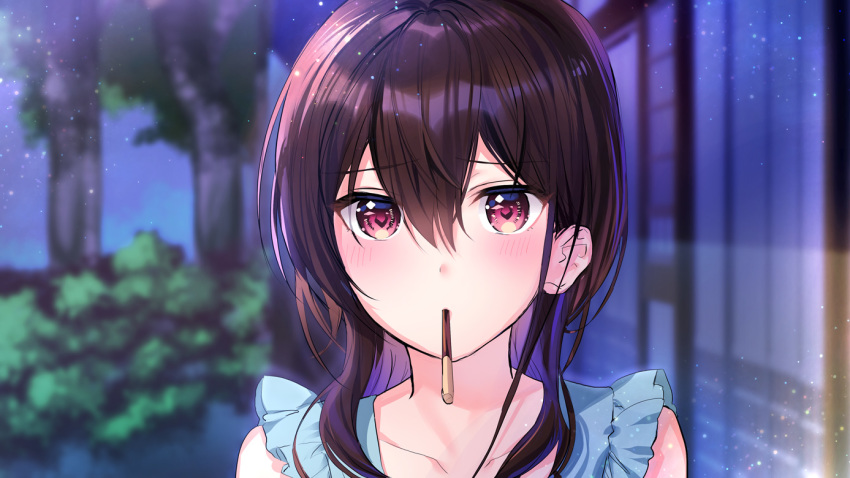 1girl blue_sky blurry blurry_background blush brown_hair building bush collarbone food hair_between_eyes long_hair looking_at_viewer mochiko_(mochiko3121) mouth_hold night night_sky official_art pocky red_eyes sky solo standing tree upper_body