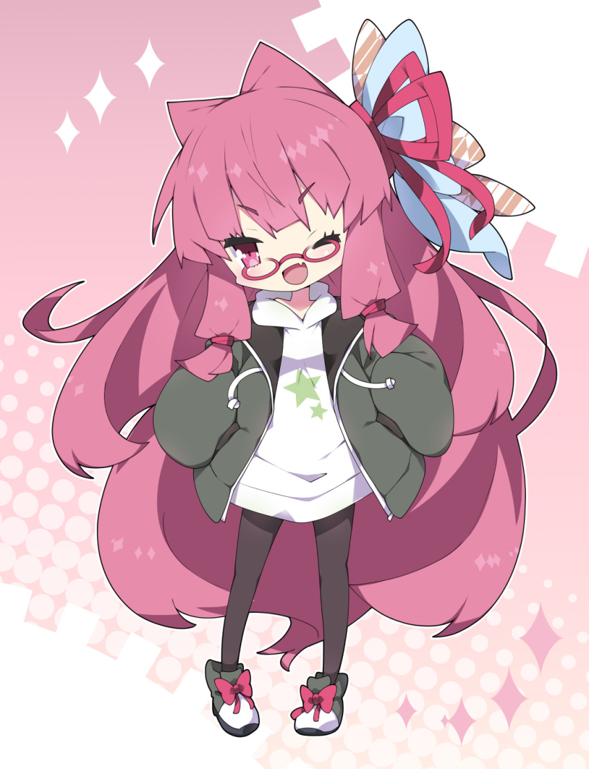 1girl ;d bangs black_footwear black_jacket black_legwear blush boots bow chibi commentary_request drawstring eyebrows_visible_through_hair fang glasses hair_ribbon hands_in_pockets head_tilt highres hood hood_down hoodie jacket kotonoha_akane long_hair long_sleeves milkpanda one_eye_closed open_clothes open_jacket open_mouth pantyhose pink_eyes pink_hair puffy_long_sleeves puffy_sleeves red-framed_eyewear red_bow red_ribbon ribbon sidelocks smile solo sparkle star v-shaped_eyebrows very_long_hair voiceroid white_hoodie