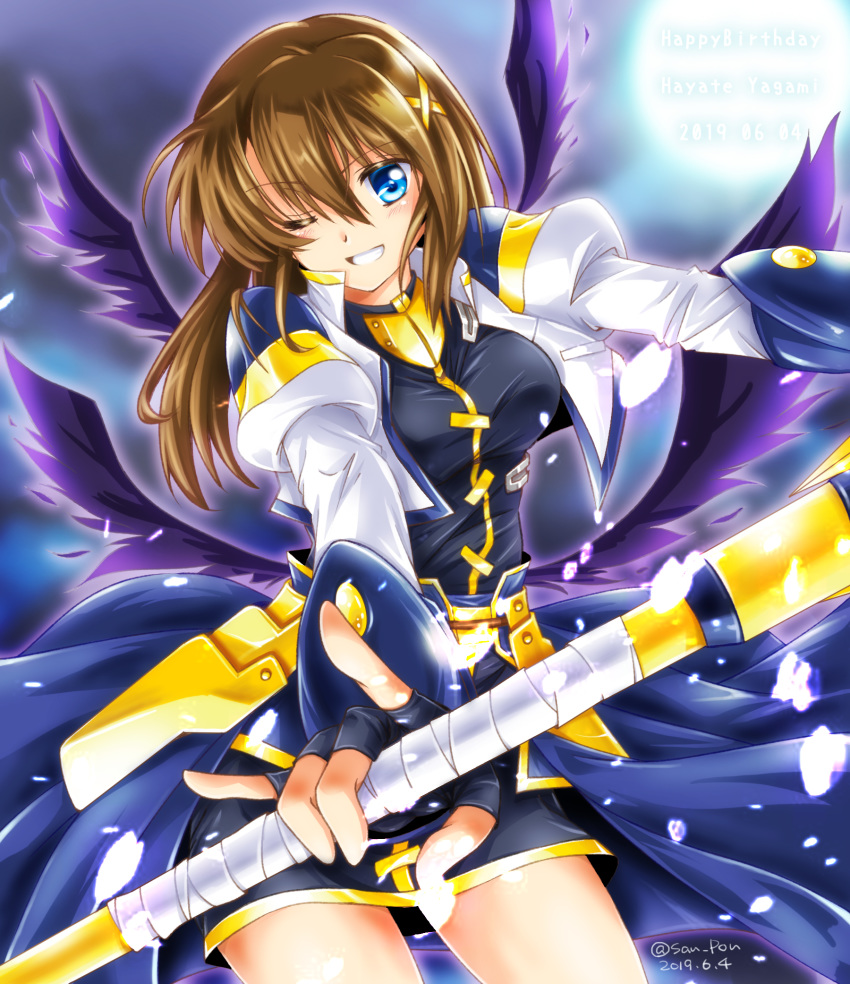 1girl \n/ bangs black_dress black_wings blue_eyes brown_hair character_name commentary cowboy_shot dated dress english_text eyebrows_visible_through_hair feathers fingerless_gloves gloves grin hair_ornament happy_birthday highres holding holding_staff jacket juliet_sleeves light_particles long_sleeves looking_at_viewer lyrical_nanoha magical_girl medium_hair puffy_sleeves san-pon schwertkreuz short_dress smile solo staff standing twitter_username waist_cape white_jacket wings x_hair_ornament yagami_hayate