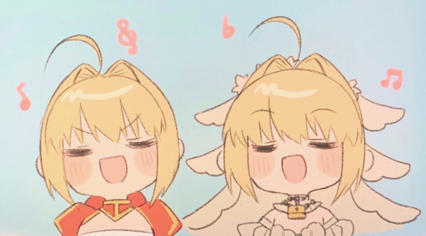 2girls :d ahoge bangs beamed_eighth_notes blue_background blush_stickers chain chibi closed_eyes detached_sleeves eighth_note eyebrows_visible_through_hair facing_viewer fate/extra fate/extra_ccc fate_(series) hair_between_eyes hair_intakes highres lock multiple_girls musical_note nero_claudius_(bride)_(fate) nero_claudius_(fate) nero_claudius_(fate)_(all) open_mouth padlock puffy_sleeves sidelocks simple_background smile treble_clef upper_body veil white_sleeves yayoimaka03