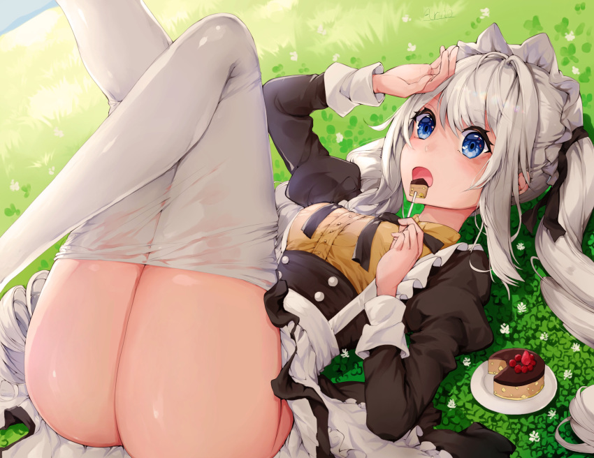 1girl :o alternate_costume apron arno_(ft3014) artist_name ass bangs black_ribbon black_skirt blue_eyes breasts bustier buttons cake commentary_request day dress dress_shirt eating enmaided eyebrows_visible_through_hair fate/grand_order fate_(series) flower food frilled_apron frills grass hair_between_eyes hair_ribbon highres holding holding_food juliet_sleeves legs_up long_hair long_sleeves looking_at_viewer lying maid maid_apron maid_headdress marie_antoinette_(fate/grand_order) medium_skirt neck_ribbon on_back open_mouth outdoors pantyhose pantyhose_pull pastry plant plate puffy_short_sleeves puffy_sleeves revision ribbon shirt short_sleeves sidelocks signature silver_hair skirt slice_of_cake solo thighs very_long_hair waist_apron white_apron white_footwear white_legwear yellow_shirt