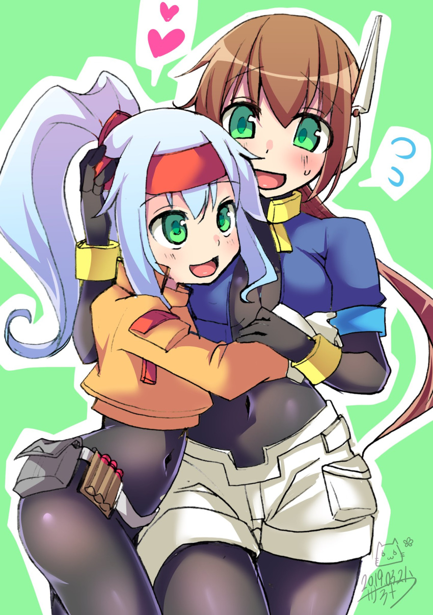 2girls aile arm_around_back arms_around_waist ashe_(rockman) bangs belt blue_hair blush bodysuit breasts brown_hair cropped_jacket green_background green_eyes hair_between_eyes hand_on_another's_head headband heart high_ponytail highres hug long_hair multiple_girls navel open_mouth ponytail robot_ears rockman rockman_zx rockman_zx_advent sano_akira shorts simple_background smile spoken_heart white_shorts yuri