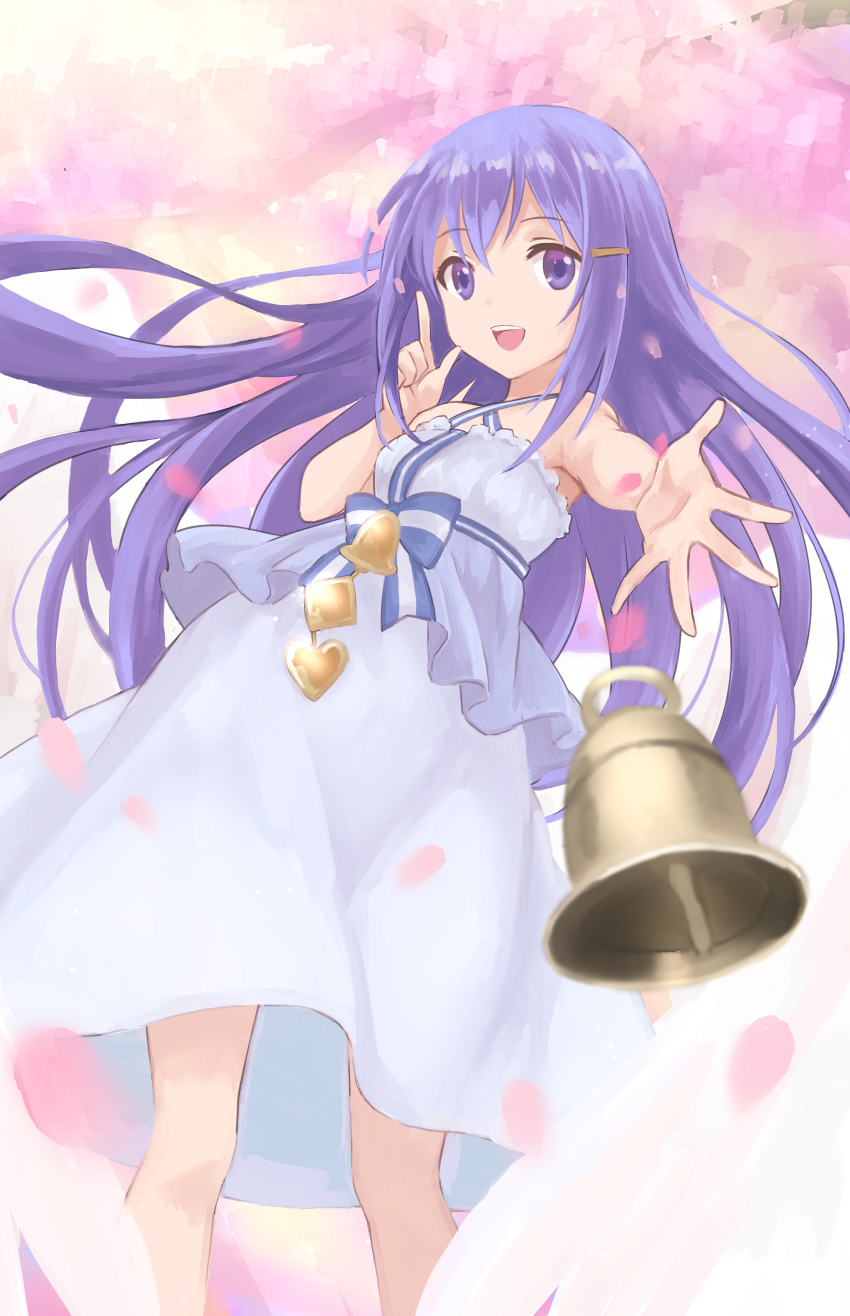 1girl :d absurdres bare_shoulders bell bellringer_angel belt blue_bow bow dress hair_ornament hairclip halo halterneck hand_up highres index_finger_raised long_hair looking_at_viewer open_mouth outstretched_hand pink_background purple_eyes purple_hair shadowverse shiri_(kotatsutablet) smile solo striped striped_bow white_dress