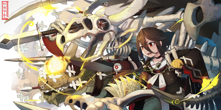 1girl absurdres bangs black_jacket book brown_gloves brown_hair commentary_request eyebrows_visible_through_hair flower gloves gradient gradient_background grey_background hair_between_eyes highres holding holding_weapon jacket kunai long_hair long_sleeves natori_youkai open_book open_mouth original red_eyes sailor_collar sidelocks skeleton sleeves_past_wrists solo translation_request v-shaped_eyebrows very_long_hair weapon white_background white_flower white_neckwear white_sailor_collar wide_sleeves