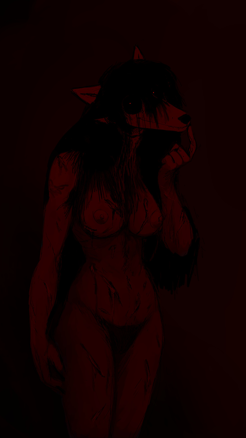 2019 5_fingers absurd_res anthro areola black_hair black_sclera breasts canid canine canis digital_media_(artwork) domestic_dog female fingers fur ghost ghost_pupper hair hi_res hladilnik long_hair looking_at_viewer mammal nipples nude pussy solo spirit standing straight_hair teeth