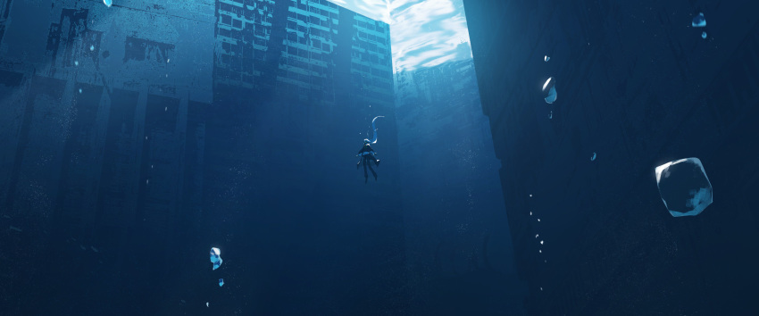 1girl absurdres asuteroid bubble green_eyes highres iz_(asuteroid) long_hair neon_trim original pants ruins scenery shirt solo submerged tagme underwater very_long_hair very_wide_shot water white_hair white_shirt