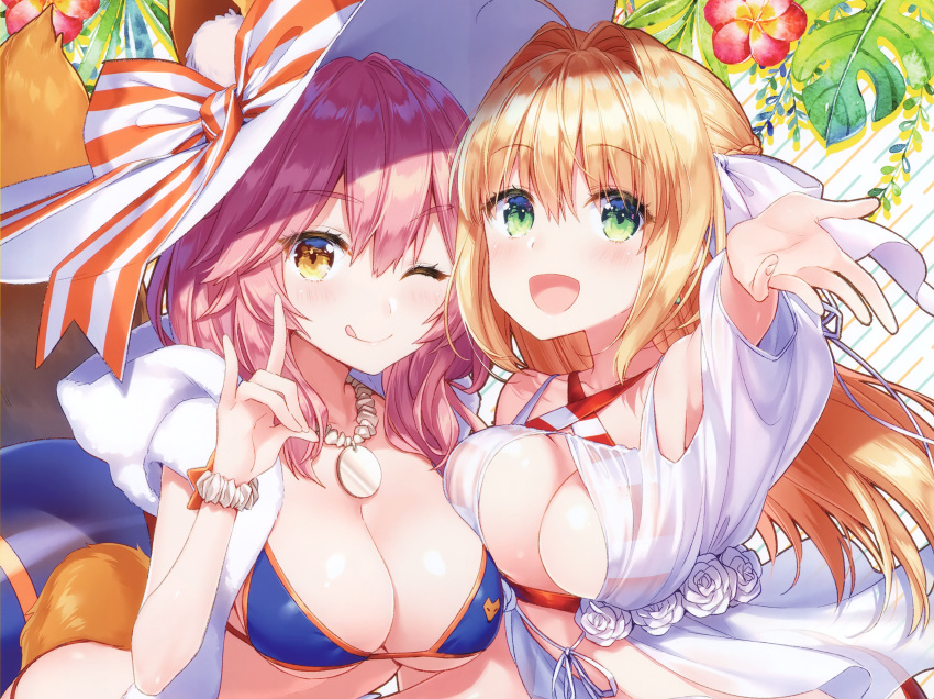 2girls animal_ears blonde_hair blush breasts brown_eyes cropped fate/grand_order fate_(series) flowers foxgirl green_eyes long_hair masuishi_kinoto nero_claudius_(fate) pink_hair scan tail tamamo_no_mae_(fate) wink wristwear