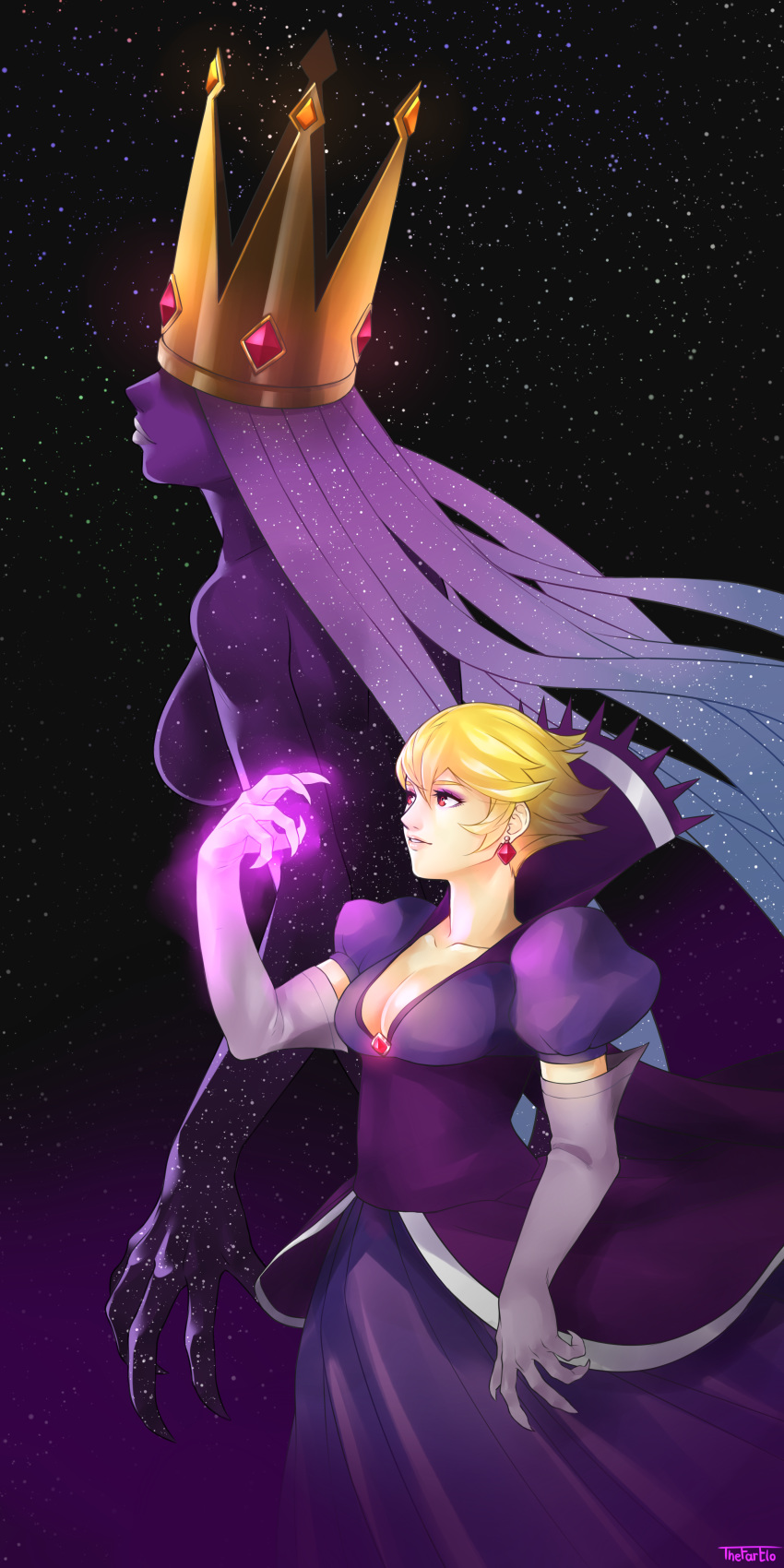 absurdres blonde_hair breasts claws cleavage crown dress dual_persona earrings elbow_gloves gloves highres jewelry lipstick long_hair looking_at_hand makeup paper_mario:_the_thousand_year_door princess_peach purple_dress purple_eyeshadow purple_skin red_eyes shadow_queen short_hair size_difference star thefarelo white_lipstick