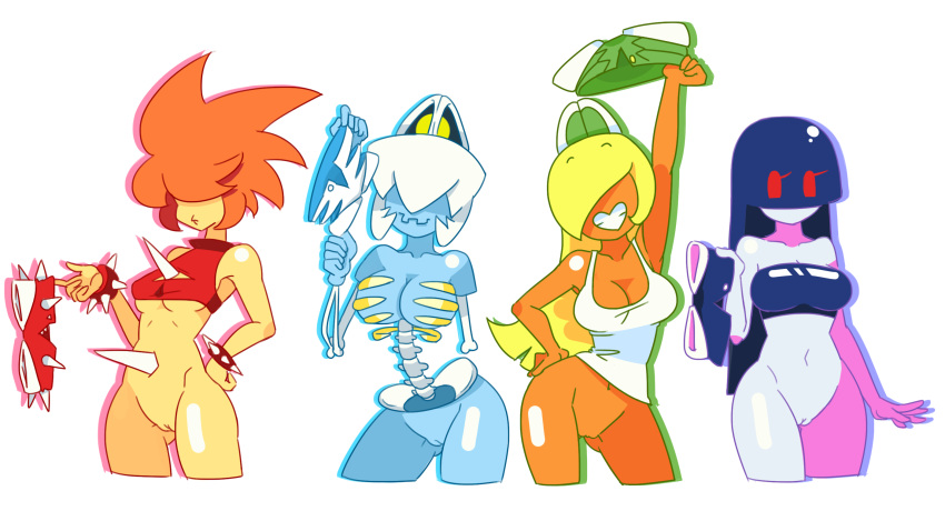 alpha_channel blonde_hair blue_hair bone bottomless buzzy_beetle clothed clothing dry_bones female hair hi_res humanoid koopa_troopa mario_bros minus8 nintendo orange_hair pussy scalie simple_background skeleton spiny transparent_background video_games white_hair