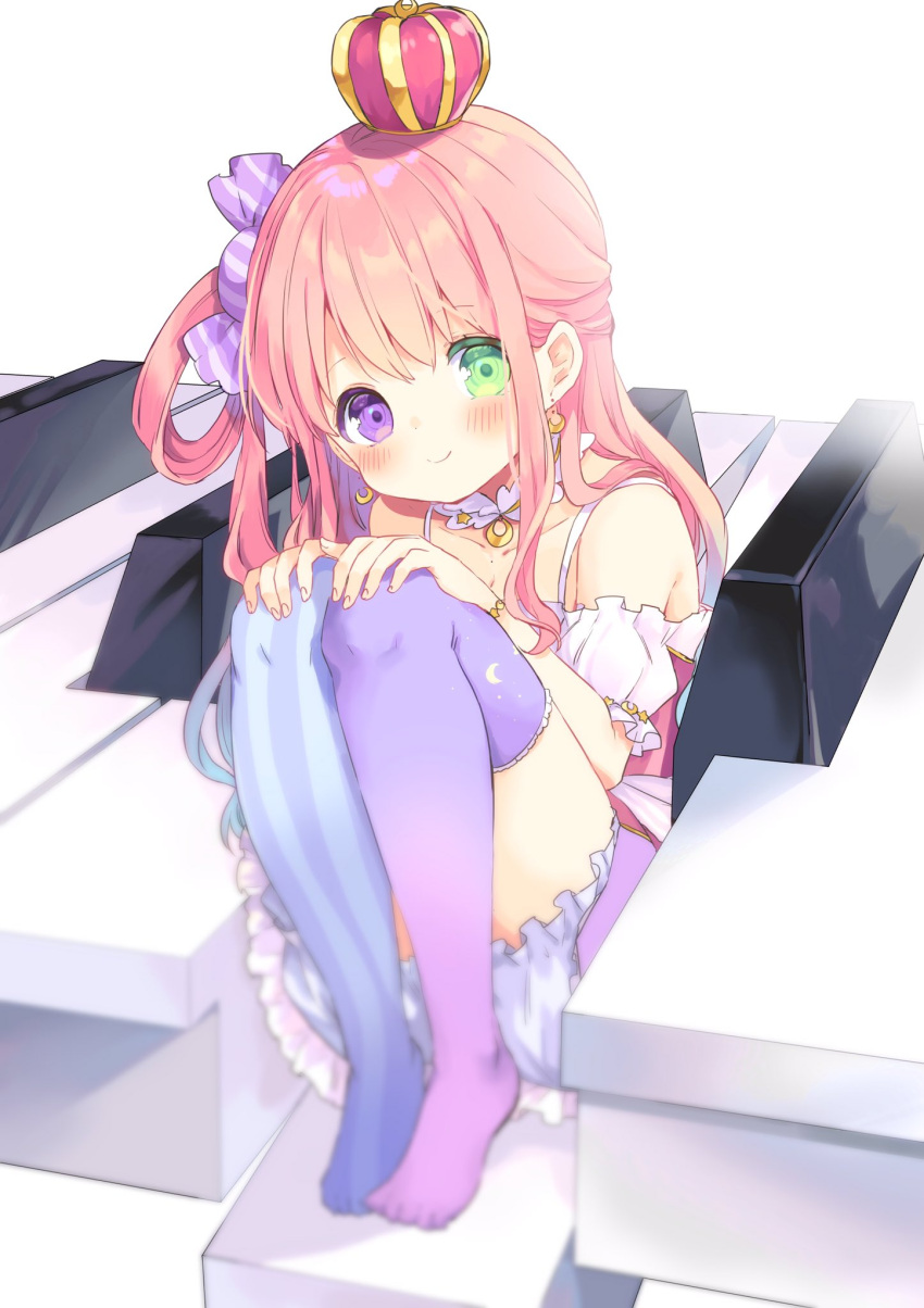 1girl bloomers blurry candy_hair_ornament crescent crescent_earrings crown detached_collar earrings food-themed_hair_ornament green_eyes hair_ornament heterochromia highres himemori_luna hololive jewelry kosuzume mini_crown mismatched_legwear no_shoes one_side_up piano_keys pink_hair purple_eyes sitting smile solo striped striped_legwear thighhighs underwear