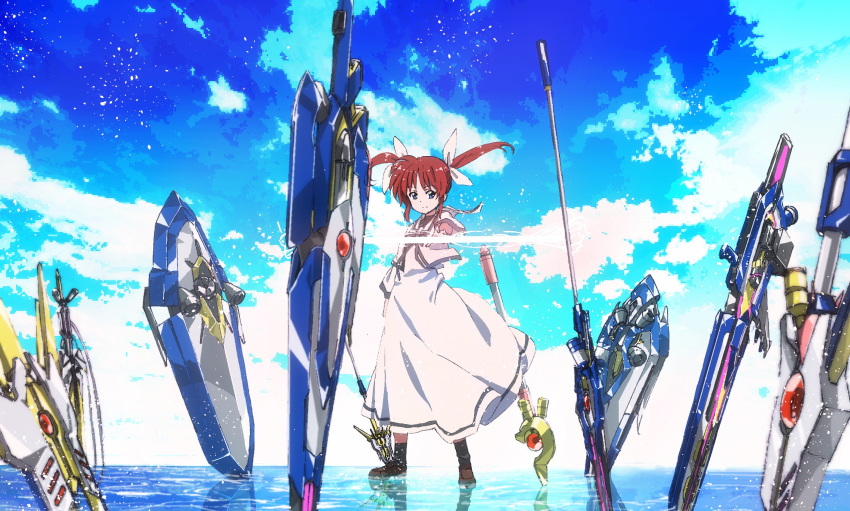 1girl bangs black_legwear blue_eyes blue_sky brown_footwear brown_hair bygddd5 closed_mouth cloud cloudy_sky commentary day dress eyebrows_visible_through_hair fortress_(nanoha) highres jacket light_particles loafers long_dress long_sleeves looking_at_viewer lyrical_nanoha magic mahou_shoujo_lyrical_nanoha raising_heart school_uniform seishou_elementary_school_uniform shoes short_hair sky smile socks solo standing standing_on_liquid strike_cannon takamachi_nanoha twintails water white_dress white_jacket wind