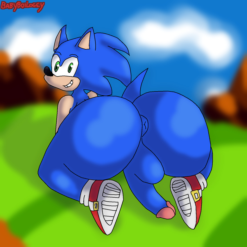 1:1 anthro babyboilogey backsack balls big_butt blue_fur butt clothing eulipotyphlan footwear fur green_eyes hedgehog hi_res humanoid_penis looking_at_viewer male mammal penis shoes solo sonic_(series) sonic_the_hedgehog video_games