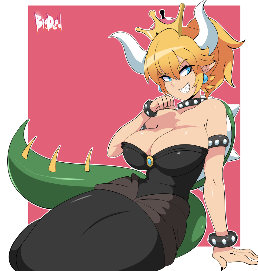 2019 alternate_species animal_humanoid big_breasts bigdead93 blonde_hair blue_eyes bowser bowsette_meme breasts cleavage clothed clothing crown dress ear_piercing female grin hair hi_res horn humanoid humanoid_pointy_ears humanoidized mario_bros nintendo piercing sharp_teeth smile solo super_crown teeth video_games