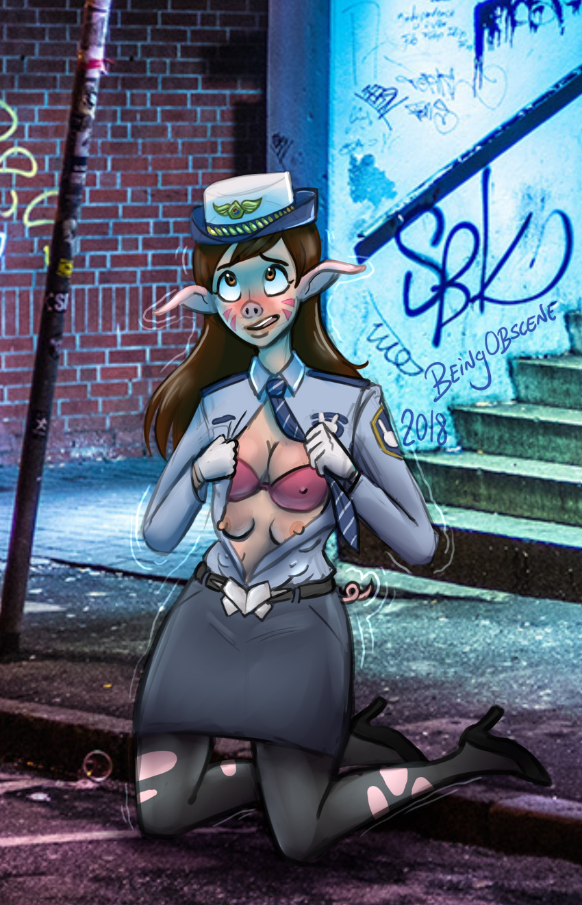 2018 6_breasts absurd_res animal_humanoid beingobscene belt blizzard_entertainment bottomwear bra breasts brown_eyes brown_hair clothing d.va_(overwatch) female footwear graffiti hair hat headgear headwear hi_res high_heels humanoid kneeling legwear mammal mammal_humanoid multi_breast necktie nipple_outline nipples open_mouth overwatch photo_background pig_humanoid shoes skirt solo stockings suid suid_humanoid suina suina_humanoid torn_clothing transformation underwear undressing uniform video_games