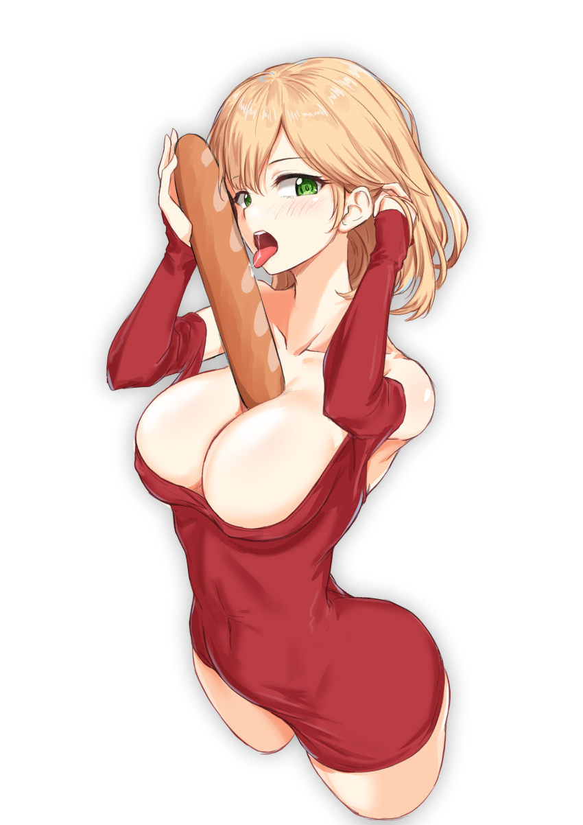 1girl absurdres baguette bangs bare_back between_breasts blonde_hair blush bread breasts cleavage covered_nipples dress food girls_frontline green_eyes gukukimu hair_tucking highres large_breasts long_sleeves looking_at_viewer open_mouth px4_storm_(girls_frontline) red_dress saliva sexually_suggestive short_hair solo tongue tongue_out