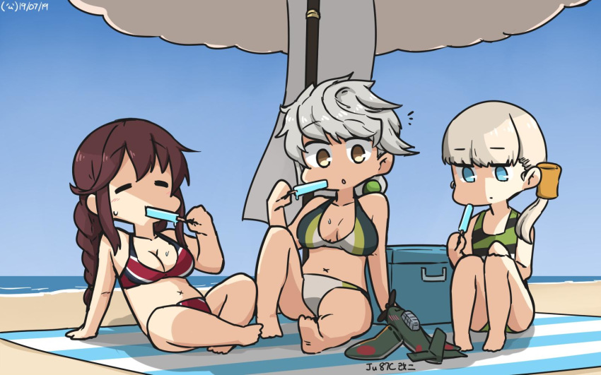 3girls alternate_costume arm_support asymmetrical_hair bangs beach beach_towel bikini blonde_hair blunt_bangs blush braid breasts brown_hair camouflage cleavage closed_eyes cloud commentary_request dated day deck eyebrows_visible_through_hair food full_body hair_between_eyes hamu_koutarou highres jitome kantai_collection large_breasts light_blue_eyes long_braid long_hair looking_down midriff multicolored multicolored_bikini multicolored_clothes multiple_girls navel noshiro_(kantai_collection) ocean outdoors popsicle sand shin'you_(kantai_collection) side_ponytail silver_hair single_braid sitting staff stomach swept_bangs swimsuit towel twin_braids unryuu_(kantai_collection) very_long_hair wavy_hair x_navel yellow_eyes