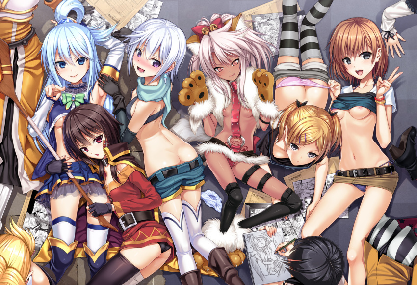 40010prototype 6+girls :d :q aqua_(konosuba) ass bandaged_leg bandages belt black_hair black_legwear blonde_hair blue_eyes blue_hair blush breasts brown_hair character_request chloe_von_einzbern chris_(konosuba) dark_skin darkness_(konosuba) detached_sleeves drawing fate/kaleid_liner_prisma_illya fate_(series) fingerless_gloves gloves hair_ornament hairclip highres kono_subarashii_sekai_ni_shukufuku_wo! looking_at_viewer medium_breasts megumin microskirt multiple_girls navel nipples open_mouth panties paw_gloves paw_shoes paws pencil pink_eyes pink_hair pink_panties purple_eyes red_eyes shirobako shoes shorts silver_hair single_thighhigh skirt small_breasts smile stomach striped striped_legwear thighhighs tongue tongue_out underwear v white_legwear yano_erika