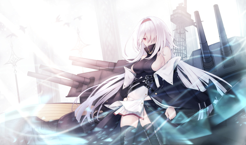 1girl anchor_symbol arms_at_sides azur_lane bangs bare_shoulders belt belt_buckle black_footwear blush boots breasts buckle cannon colorado_(azur_lane) covered_mouth cross-laced_footwear detached_sleeves dress eyebrows_visible_through_hair hair_over_one_eye hairband highres lace-up_boots large_breasts long_hair looking_at_viewer multiple_straps nishina_kakeri no_bra red_eyes red_hairband sideboob skirt sleeveless sleeveless_dress solo standing thigh_boots thighhighs thighs white_hair wide_sleeves wind wind_lift