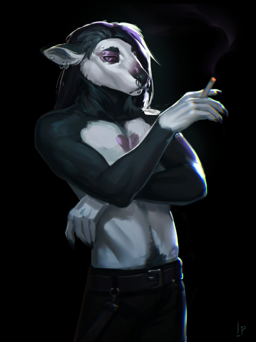 anthro belt cigarette ear_piercing facial_piercing hi_res kaptain_spicy looking_at_viewer macropod male mammal marsupial nose_piercing piercing pubes septum_piercing smoke solo tree-kangaroo