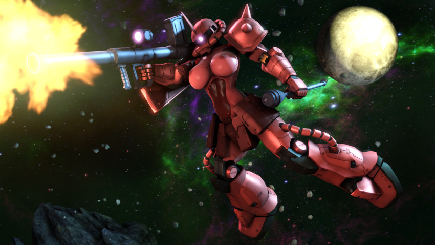 16:9 3d_(artwork) anime armor breasts clothed clothing digital_media_(artwork) female gundam hi_res humanoid machine muetank nipples not_furry robot solo source_filmmaker space topless zaku