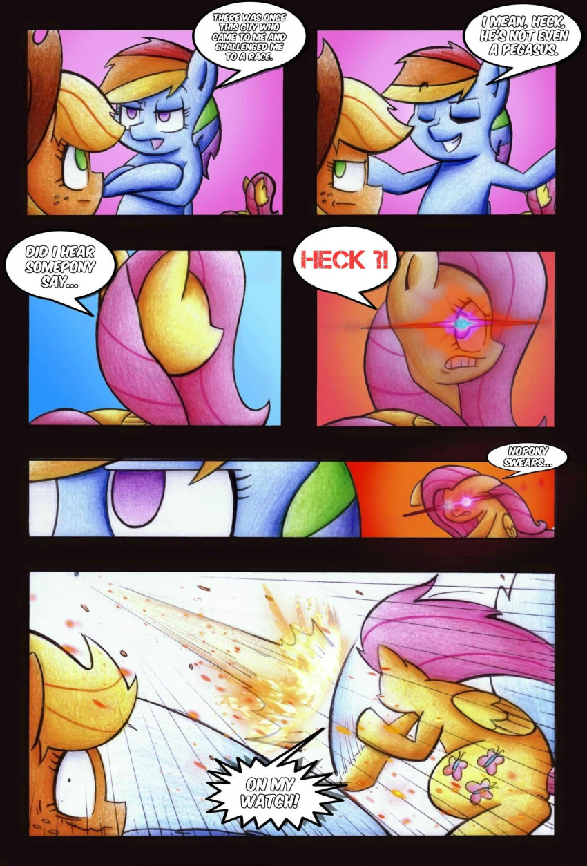 2018 angry applejack_(mlp) comic dialogue english_text equid equine feathered_wings feathers female feral fluttershy_(mlp) friendship_is_magic glowing glowing_eyes group hair hi_res horse mammal multicolored_hair mustachedbain my_little_pony pony pterippus punching rainbow_dash_(mlp) rainbow_hair text wings