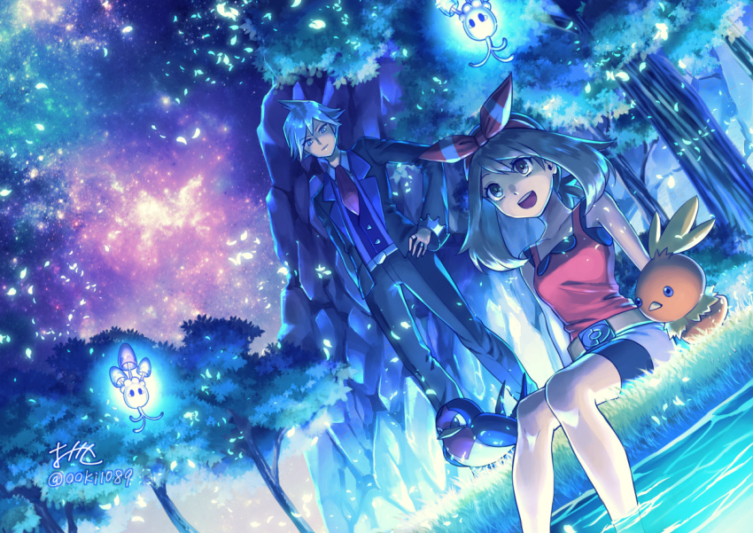 1boy 1girl :d belt bike_shorts black_jacket black_pants black_shorts brown_eyes brown_hair character_request collarbone collared_shirt dutch_angle forest gen_3_pokemon hairband hand_on_hip haruka_(pokemon) jacket jewelry long_hair looking_up nature night night_sky ooki1089 open_clothes open_jacket open_mouth outdoors pants pokemon pokemon_(creature) pokemon_(game) pokemon_oras red_shirt ring shiny shiny_hair shirt short_shorts shorts shorts_under_shorts silver_hair sky sleeveless sleeveless_shirt smile soaking_feet spiked_hair striped striped_hairband taillow torchic tsuwabuki_daigo twitter_username white_belt white_shorts wing_collar